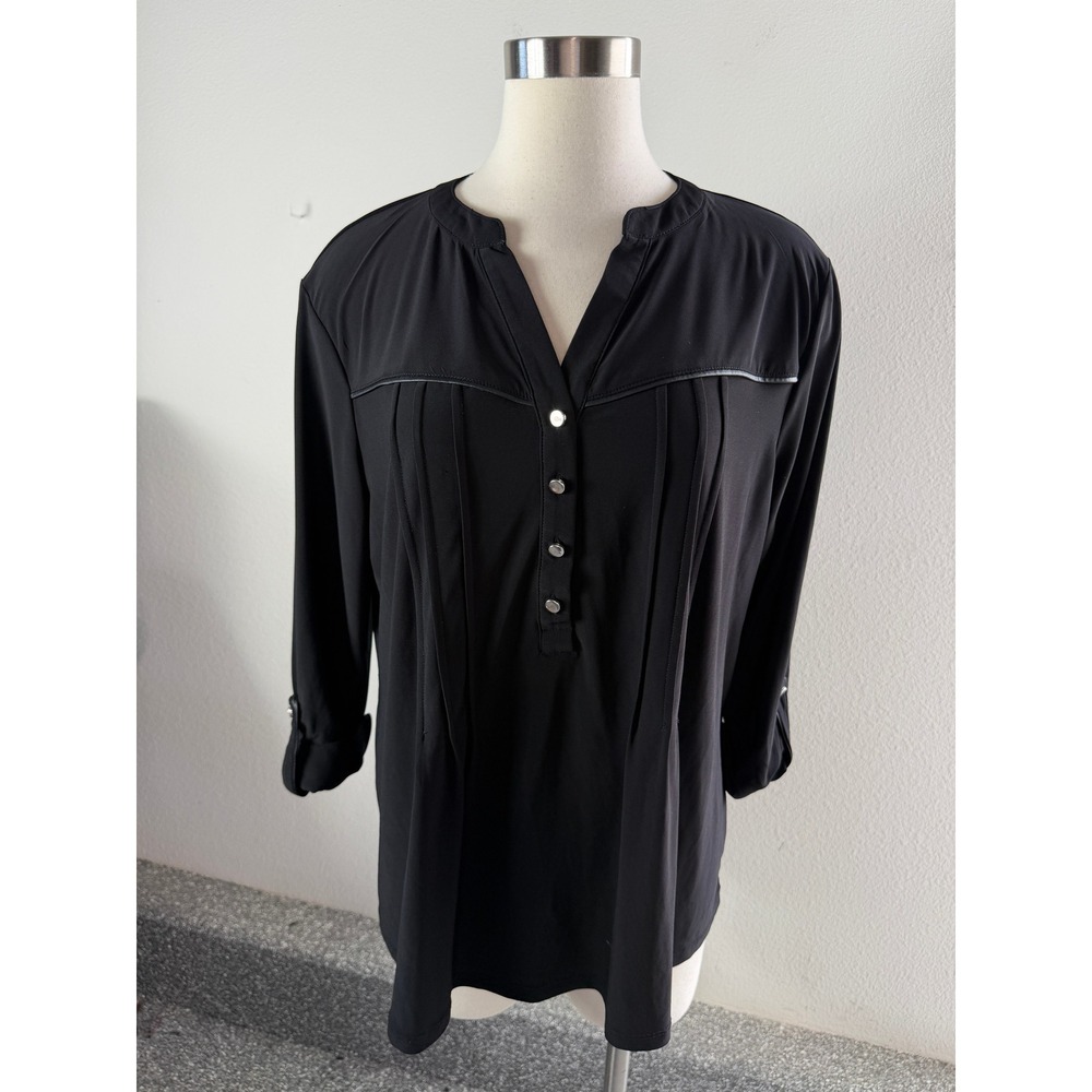 Cocomo Woman Plus 1X Black Henley Tunic Top Blouse Pleated 3/4 Sleeve